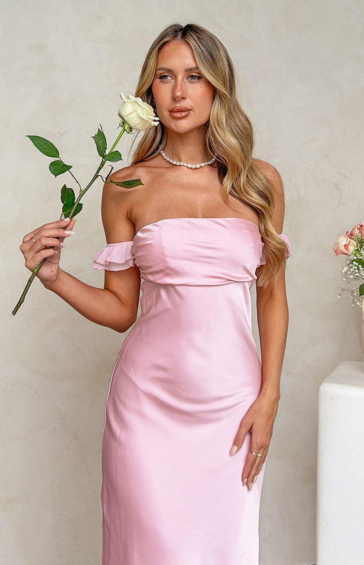 Elvira Pink Satin Formal Maxi Dress Product Image