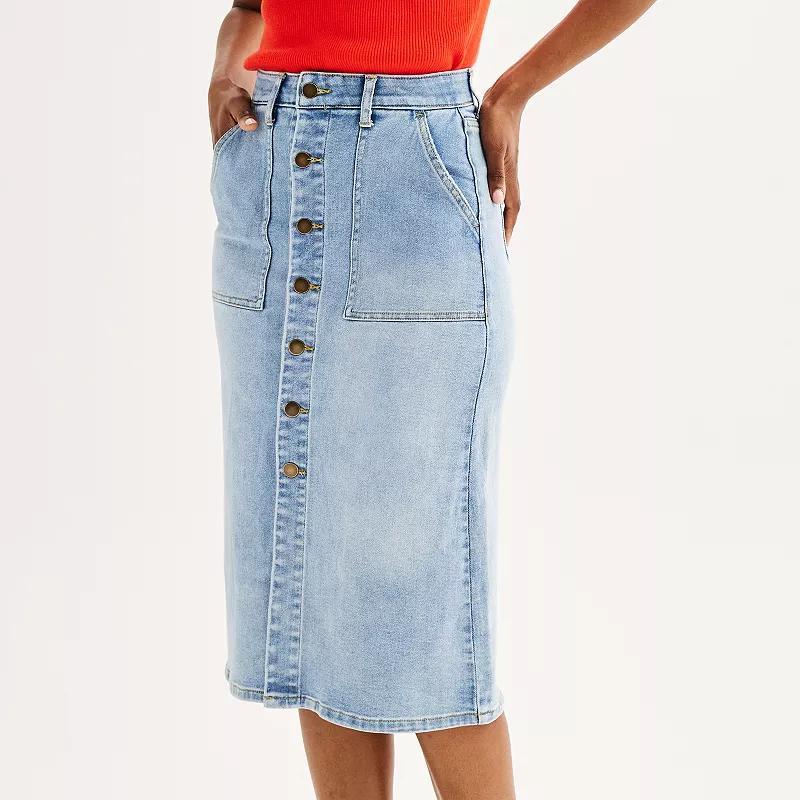 Womens Draper James Button Front Denim Midi Skirt Light Blue Product Image