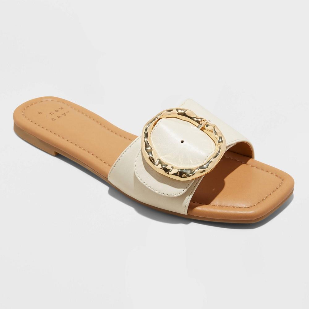 Womens Bennie Buckle Slide Sandals with Memory Foam Insole - A New Day Cream 6.5 Product Image