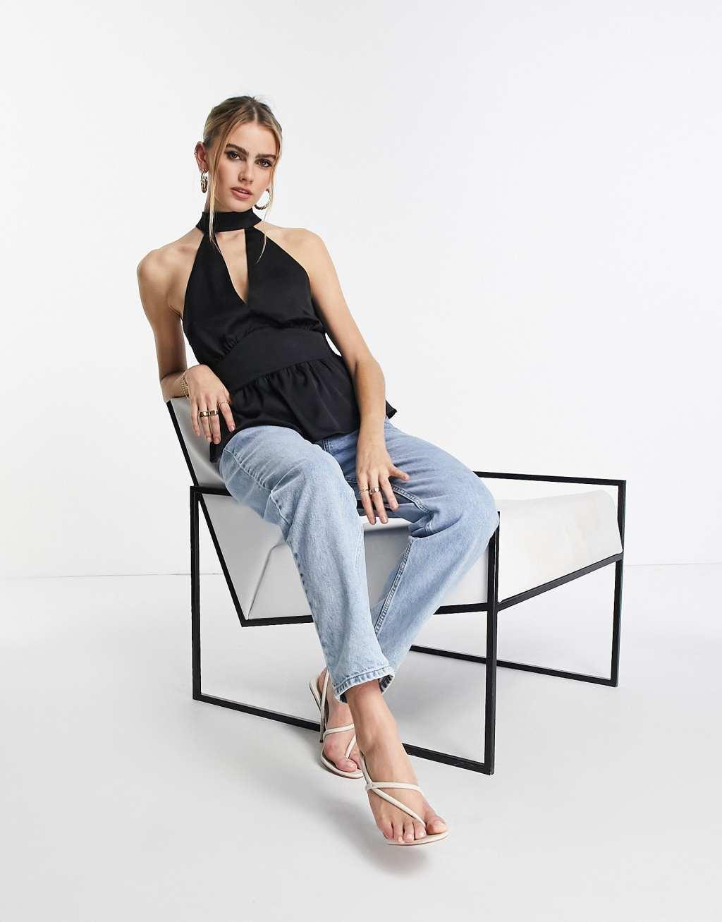 Topshop satin halter top in black  Product Image