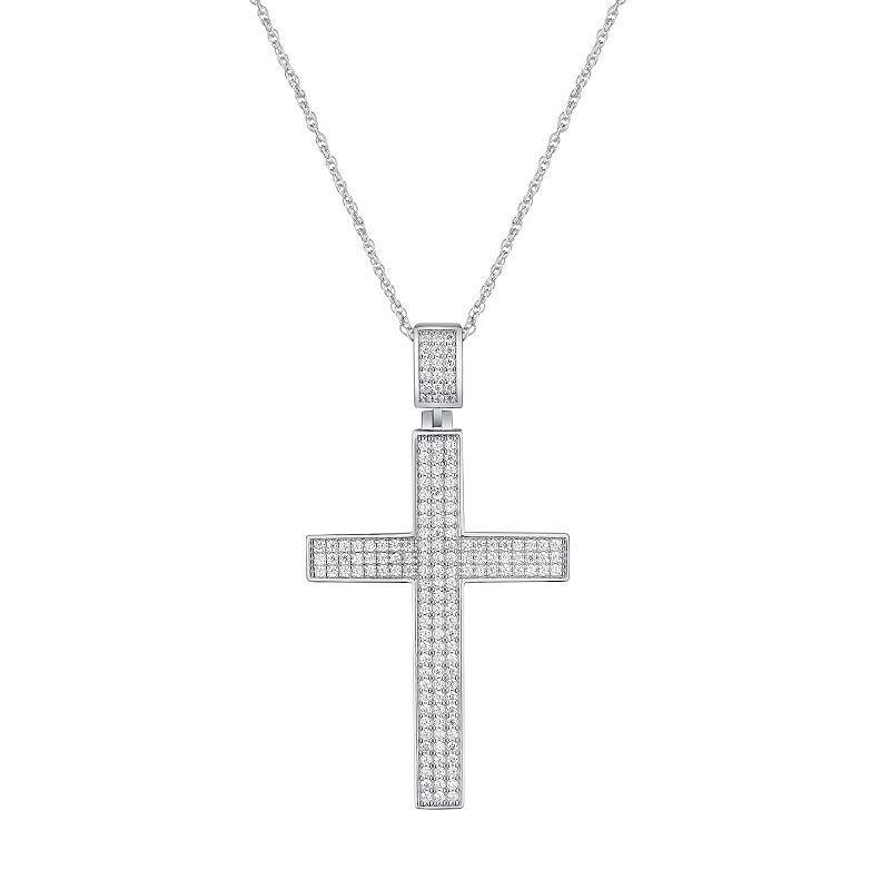 Mens Sterling Silver Cubic Zirconia Cross Pendant Necklace Product Image