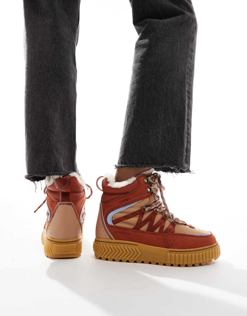 Sorel ONA AVE Trek WP fleece lined waterproof lace up leather boots in sanguine and arctic sea Product Image