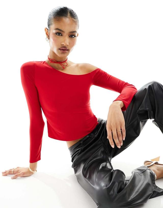 Fashionkilla slinky off shoulder top with neck tie in red Product Image