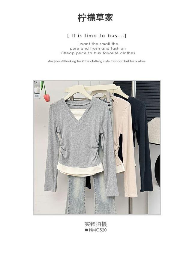 Mock Two-Piece Ruched Crop T-Shirt Product Image