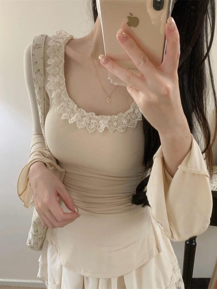 Long Sleeve Scoop Neck Plain Lace Trim Top Product Image