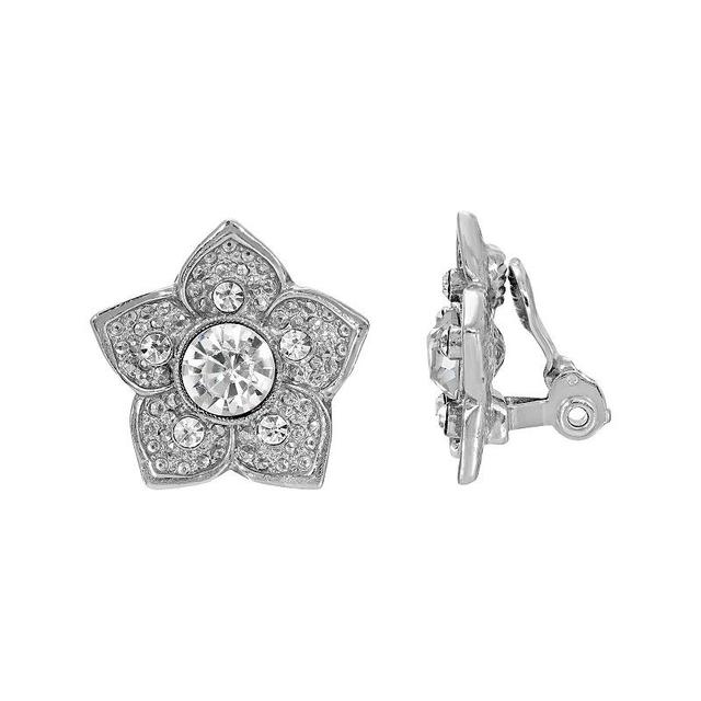 1928 Silver Tone Crystal Flower Clip-On Earrings, Womens, White Product Image