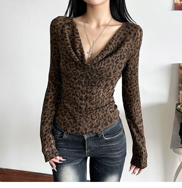 Long-Sleeve Cowl Neck Leopard Print Tee Product Image