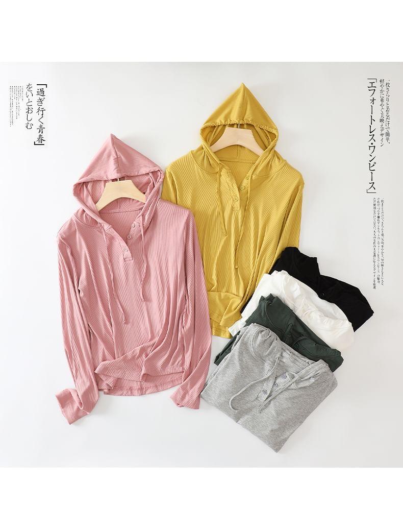 Plain Drawstring Ribbed Hoodie Product Image