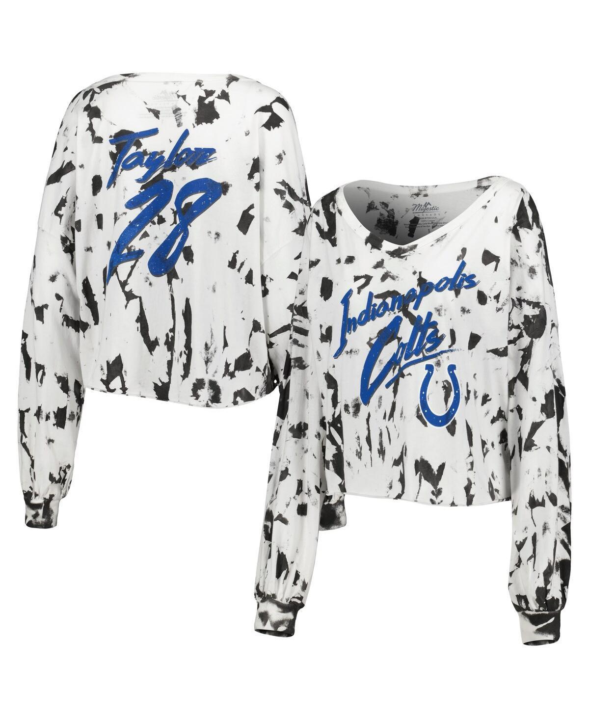 Womens Majestic Threads Jonathan Taylor Distressed Indianapolis Colts Off-Shoulder Tie-Dye Name and Number Cropped Long Sleeve V-Neck T-shirt - Product Image