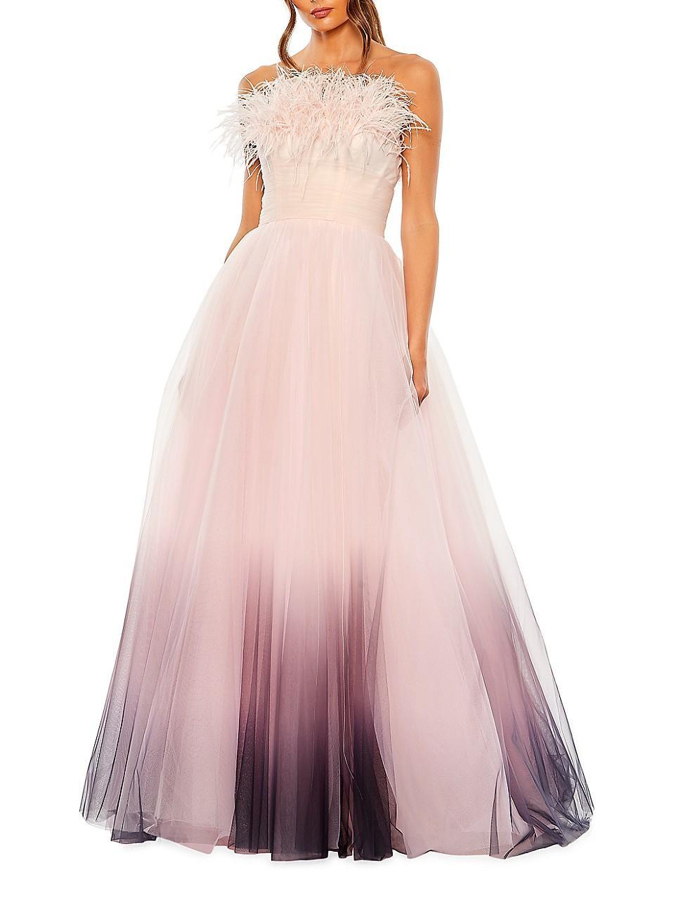 Womens Strapless Feather & Tulle Gown Product Image