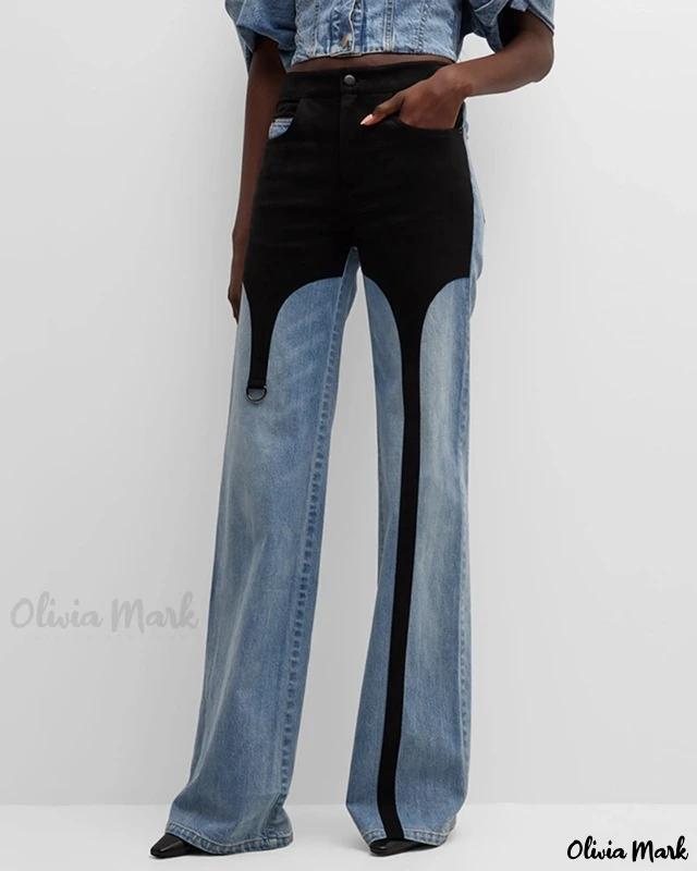 Olivia Mark – Contemporary Design Patchwork Color Block Straight Leg High-Waisted Denim Pants Product Image