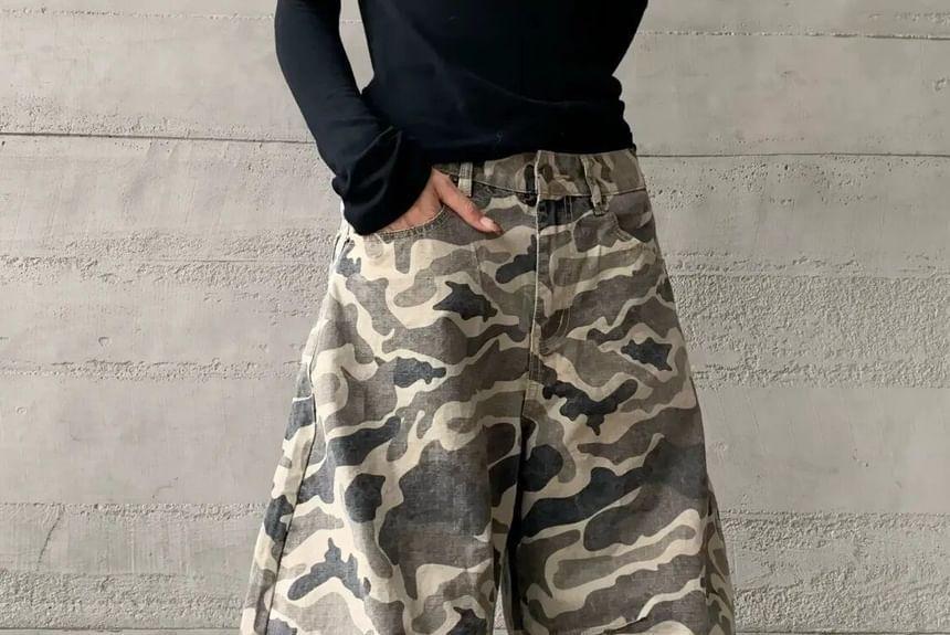 High Waist Camo Print Wide Leg Jeans Product Image