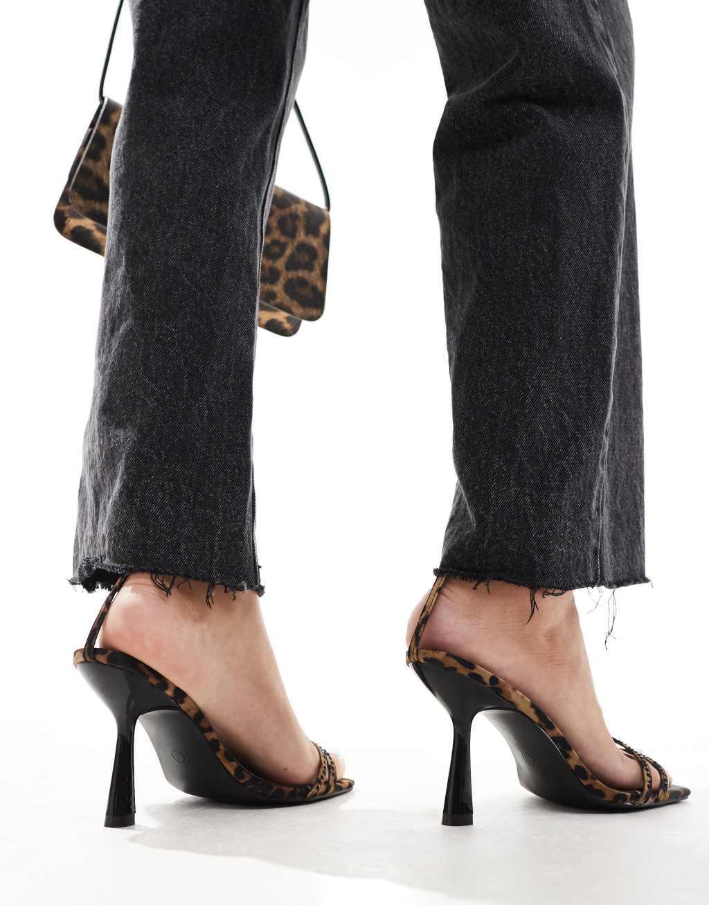 Public Desire Jericho embellished barely there mid heel sandals in leopard print Product Image