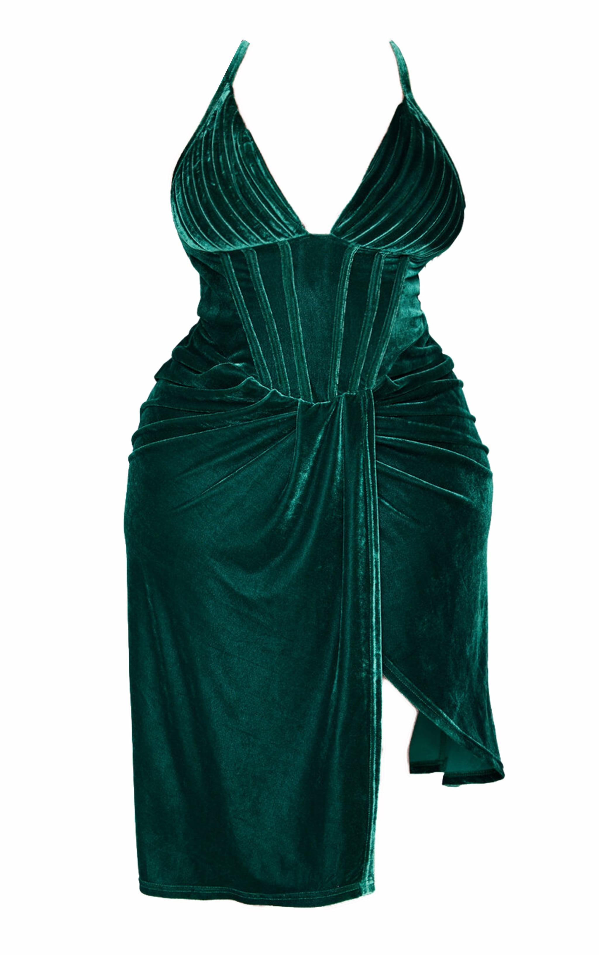 Plus Emerald Green Velvet Plunge Corset Bodycon Dress Product Image