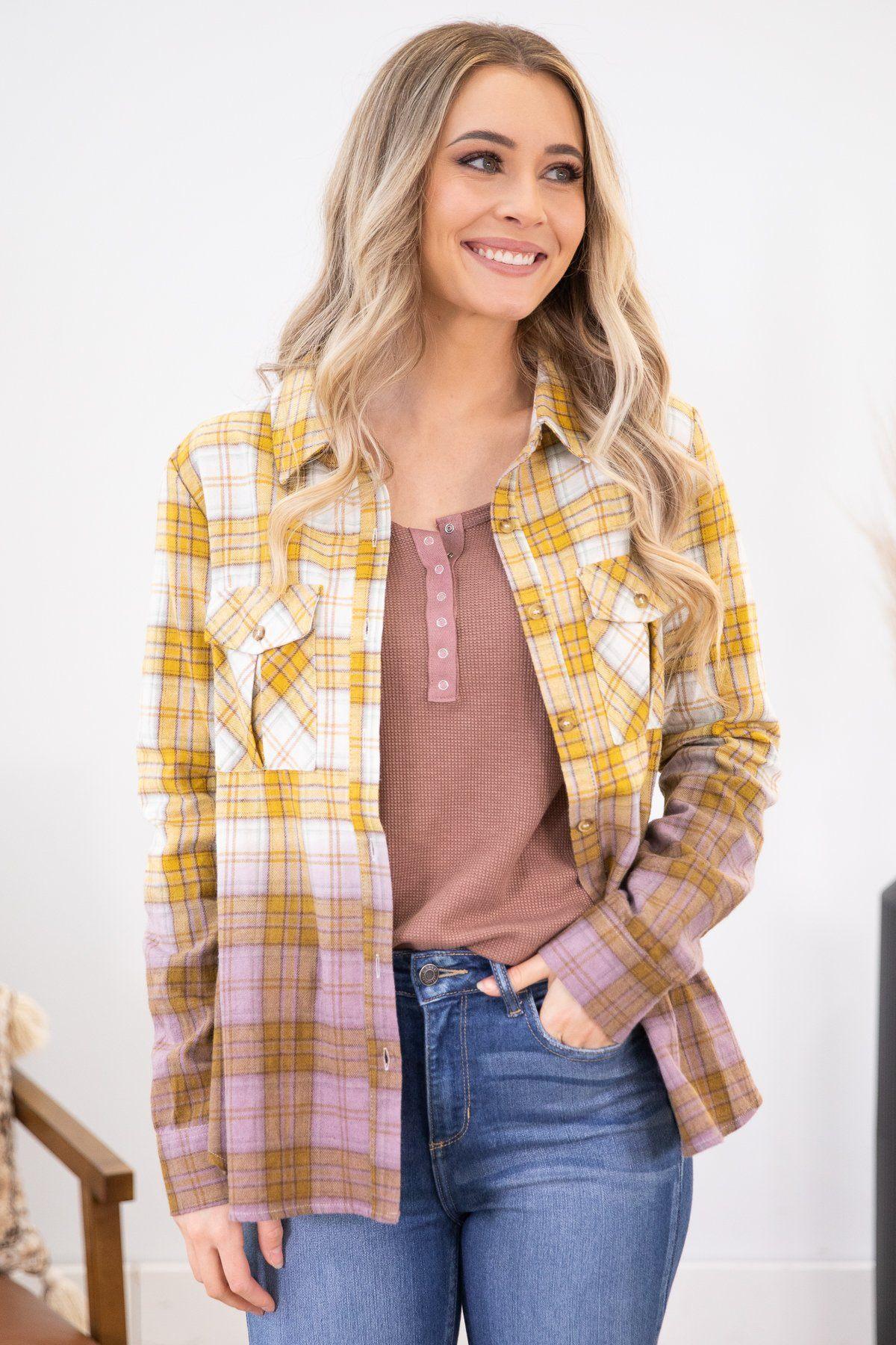 Mustard Ombre Plaid Button Up Top Product Image