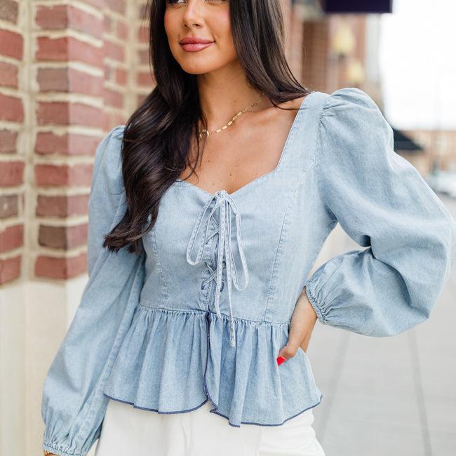 Up To Me Medium Wash Corset Front Chambray Blouse Product Image