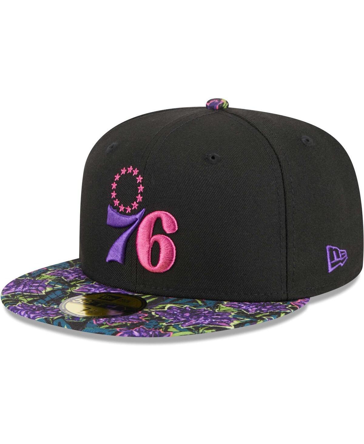 Mens New Era Black Philadelphia 76ers Dark Fantasy Neon Lotus Flower 59FIFTY Fitted Hat Product Image