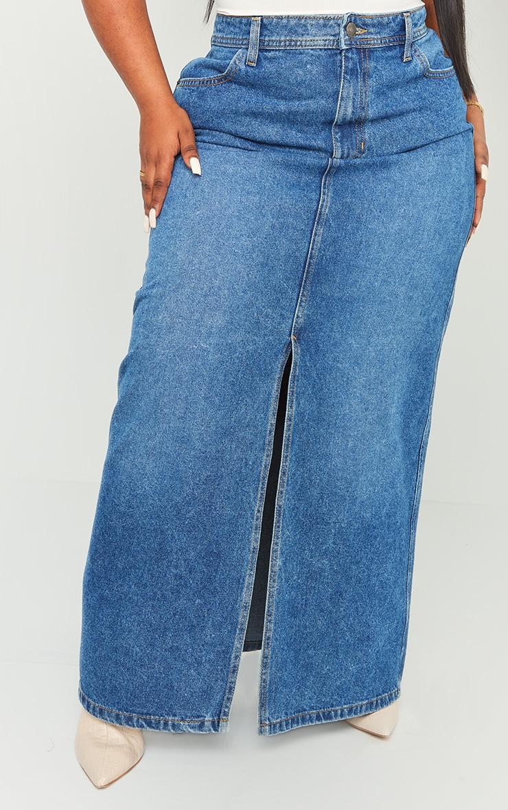 Plus Dark Blue Wash Split Front Denim Maxi Skirt Product Image