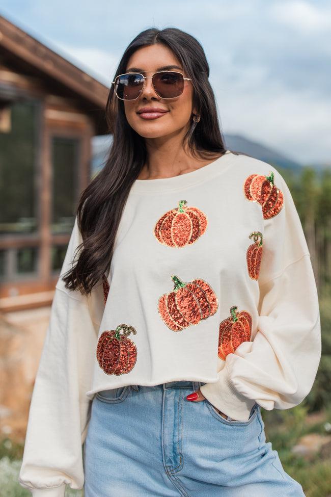 Pumpkin Spice Please Ivory Sequin Patch Sweatshirt Product Image