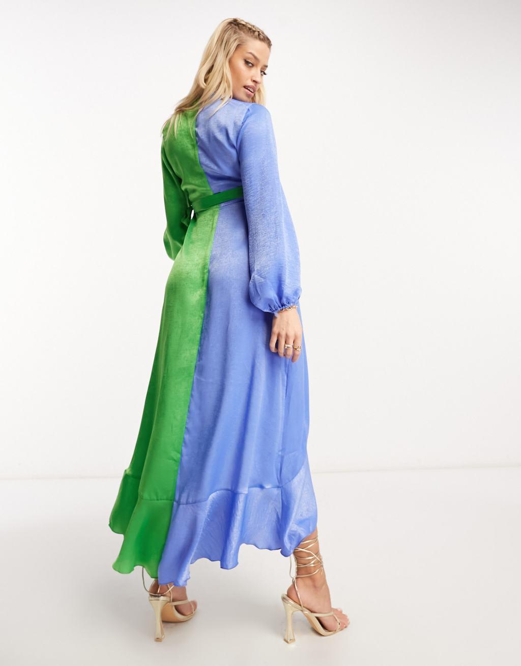 Flounce London Maternity balloon sleeve ruffle maxi dress in contrast blue and green Product Image