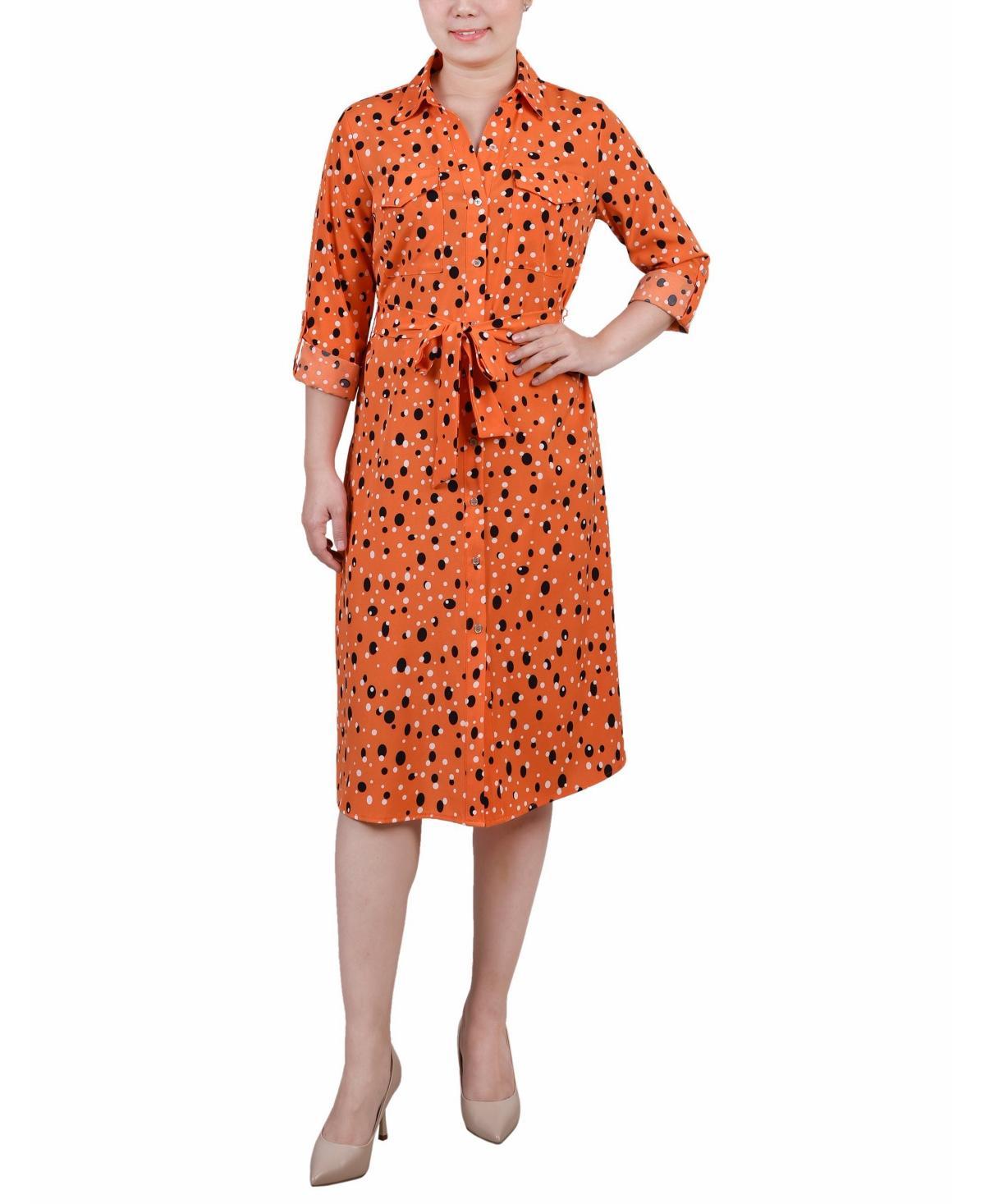 Ny Collection Petite Geometric Printed Long Sleeve Roll Tab Shirtdress Product Image