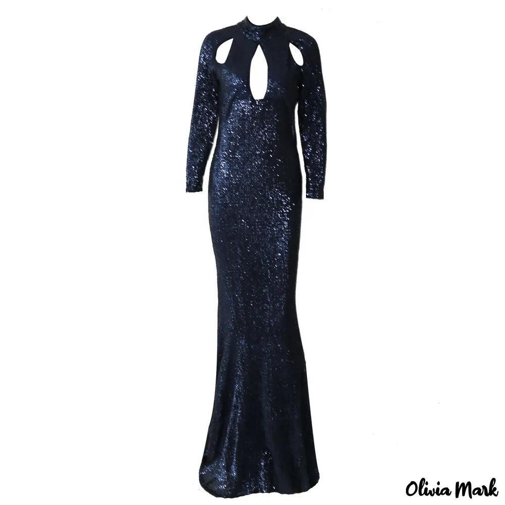 Olivia Mark – Autumn heavy sequin pressed pleated models dress round neck long sleeve hollow evening dress product image