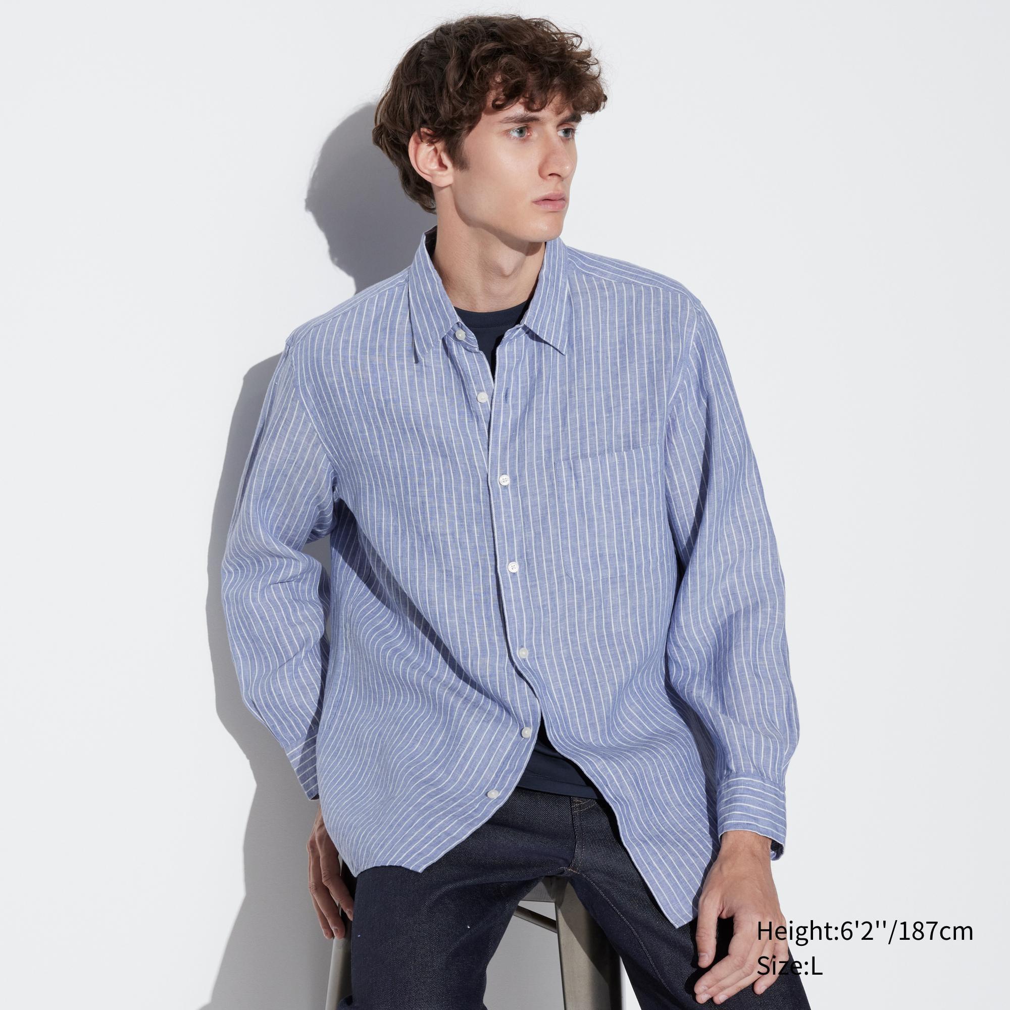 Mens Premium Linen Striped Long-Sleeve Shirt Blue Small UNIQLO US Product Image