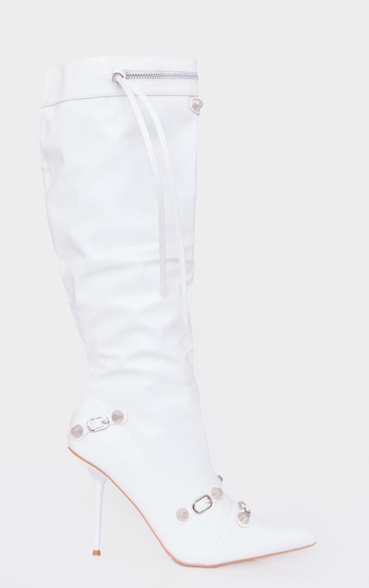 White Pu Zip Detail Point Toe Mid Heeled Knee Boots Product Image