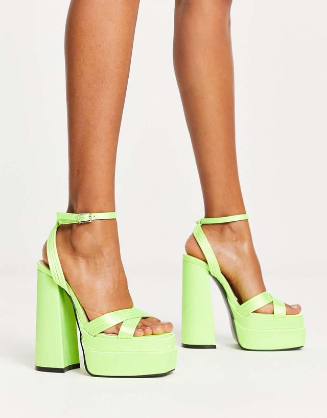 Glamorous satin platform heeled sandals in lime Product Image