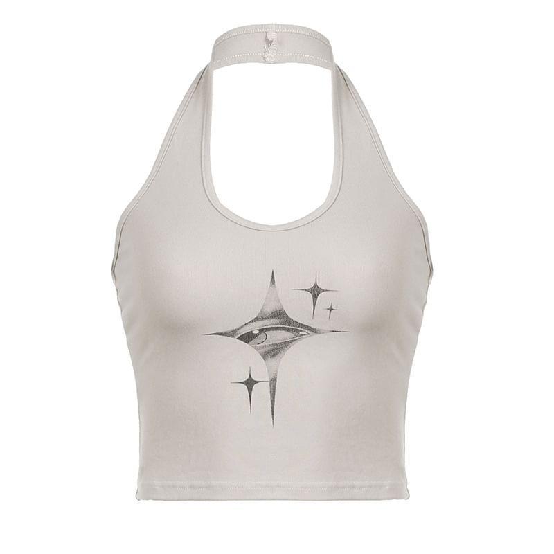 Halter Neck Graphic Print Slim-Fit Open-Back Crop Tank Top Product Image