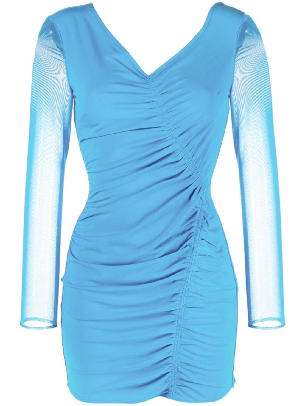 Sheer-sleeved Draped Dress In Blue Product Image