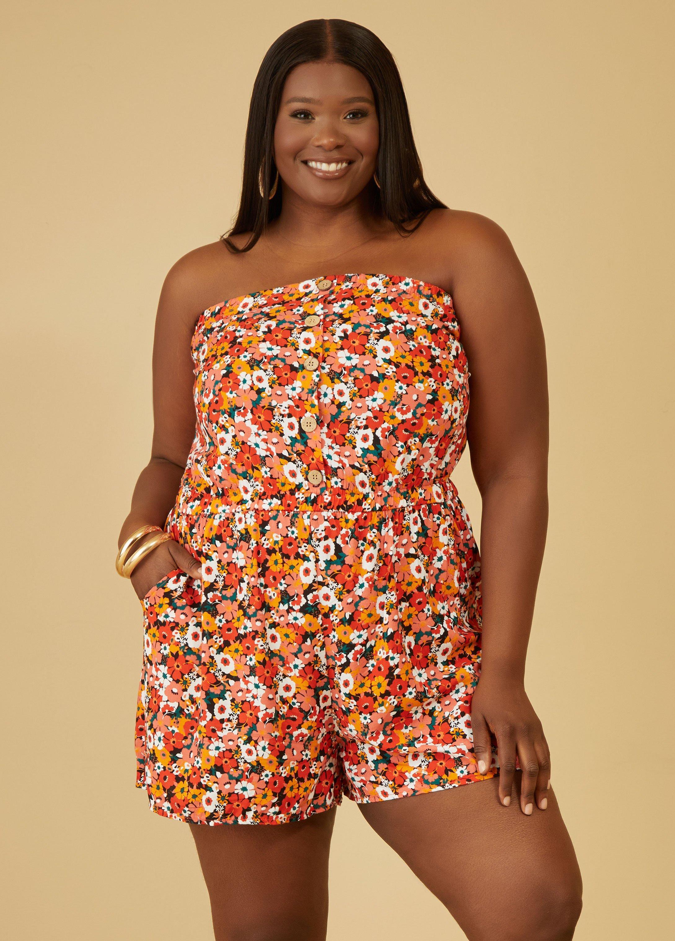 Plus Size Floral Print Strapless Romper Ashley Stewart Product Image