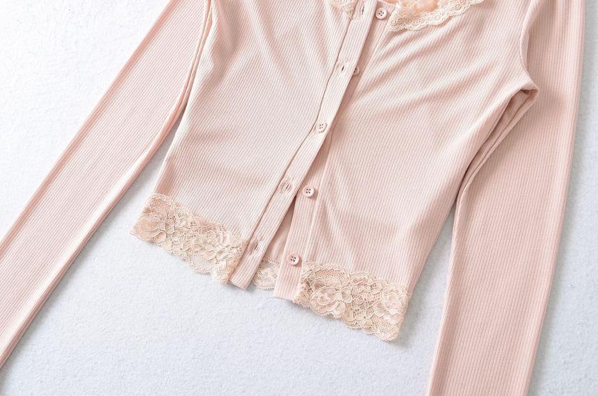 Set: Lace Trim Plain Crop Cami Top + Button-Up Cardigan Product Image