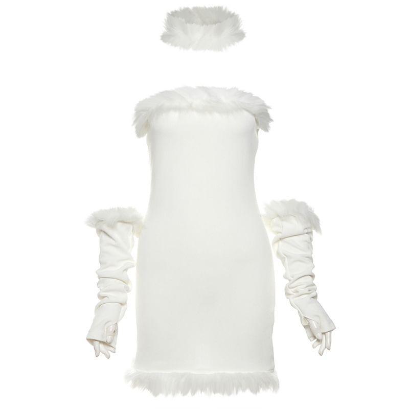 Christmas Party Costume Set: Halter Neck Fluffy Trim Mini Bodycon Dress + Arm Sleeves Product Image