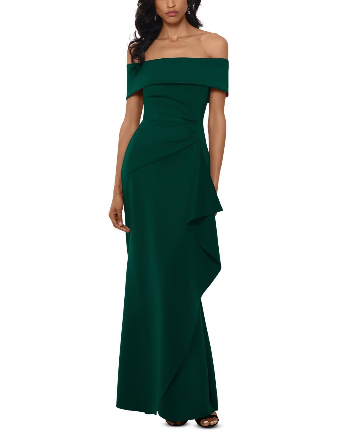 Xscape Evenings Off the Shoulder Ruffle Crepe Trumpet Gown Product Image