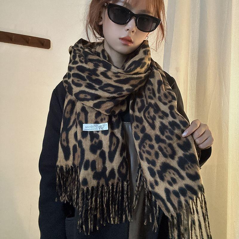 Leopard Print Fringed Scarf Product Image