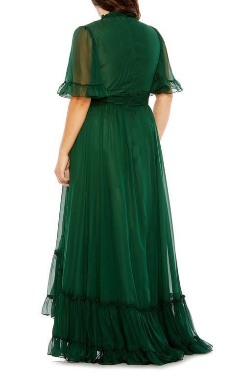 High Neck Flutter Sleeve Ruffle Tiered High Low Plus Size Gown In Emerald Product Image