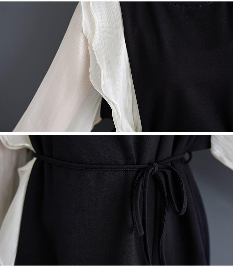 Long-Sleeve Round Neck Asymmetrical Ruffle Trim A-Line Dress Product Image