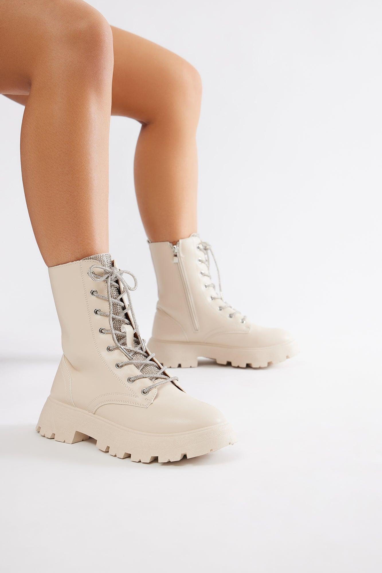 Lanter Rhinestone Combat Boots - Cream Product Image