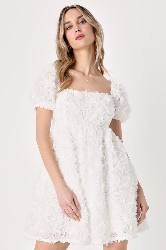 Precious Passion White Floral Puff Sleeve Babydoll Dress Product Image