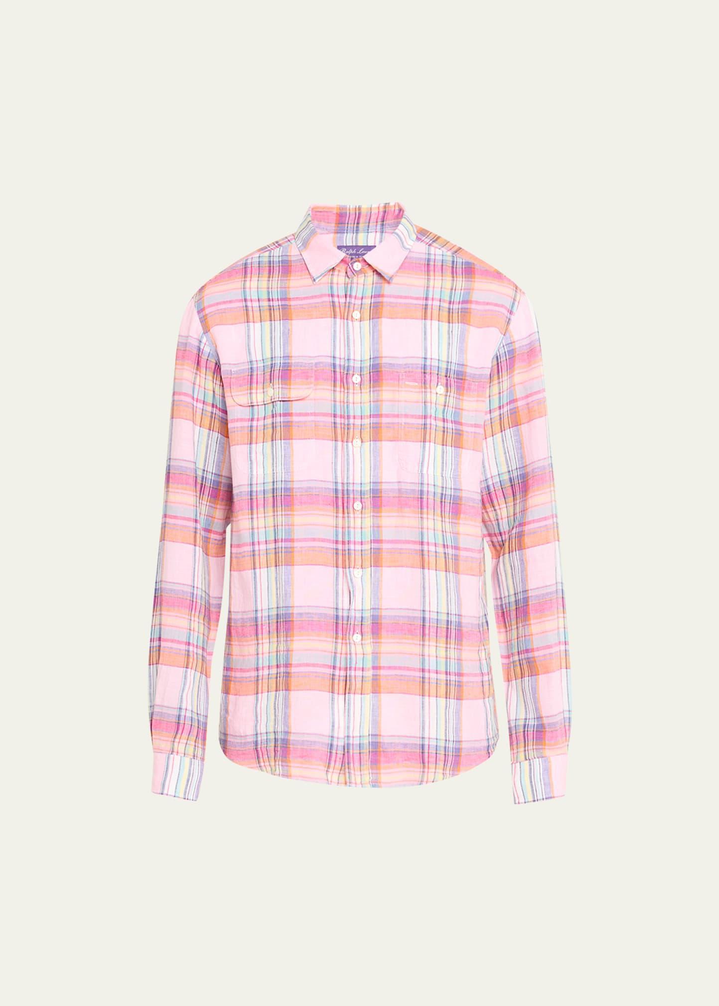 Mens Plaid Linen Long-Sleeve Sport Shirt Product Image