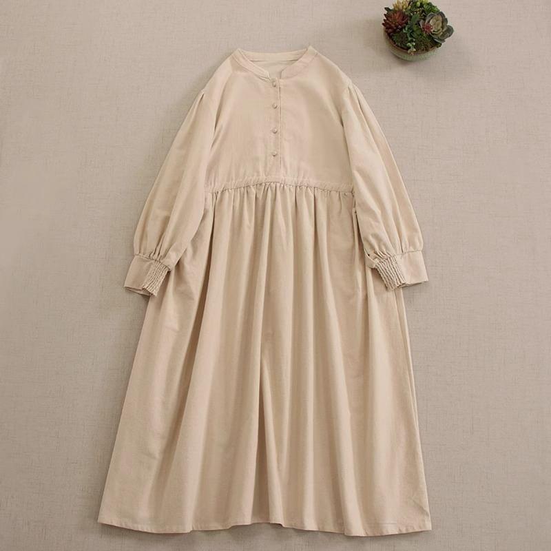 Puff-Sleeve Henley Plain Midi Smock Dress Product Image