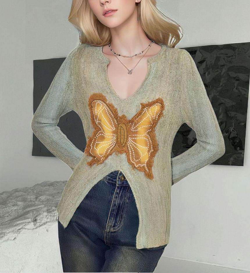 Long Sleeve V-Neck Butterfly Applique Slit Knit Top Product Image