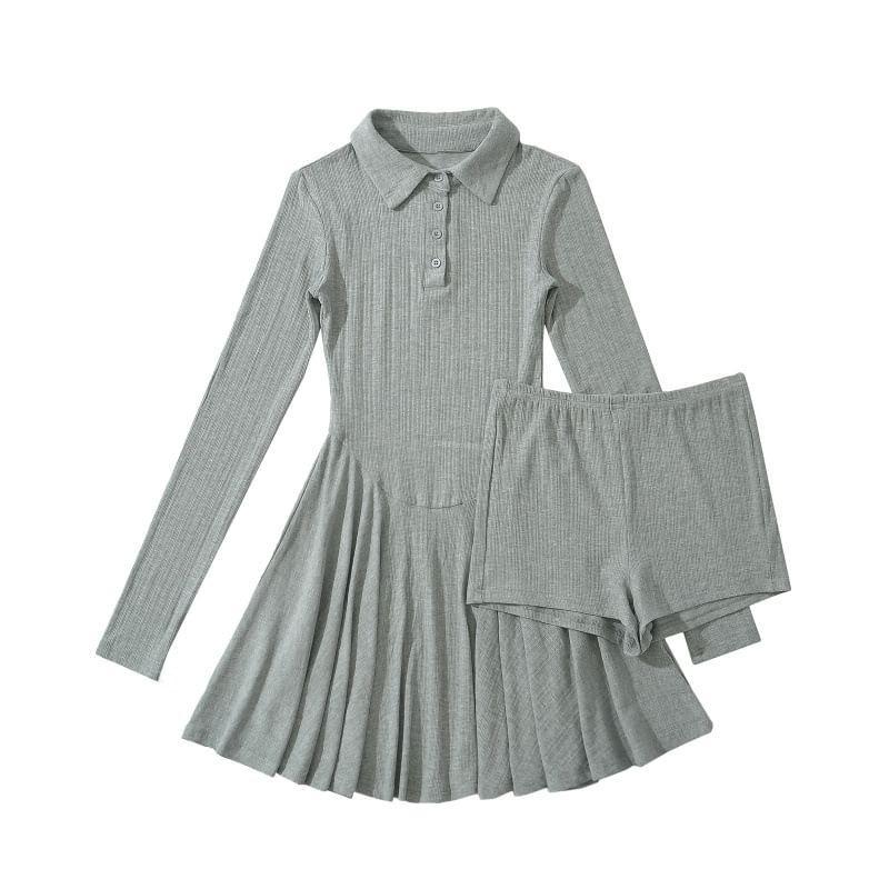 Long-Sleeve Polo Collar Plain Mini A-Line Dress Product Image