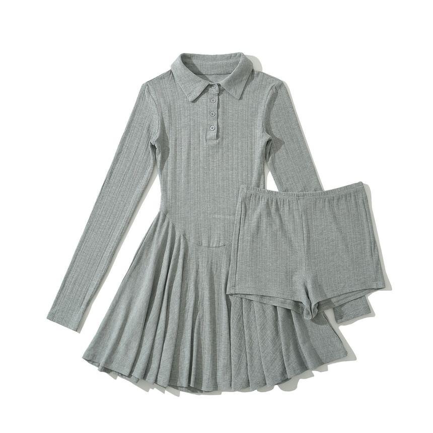 Long-Sleeve Polo Collar Plain Mini A-Line Dress Product Image