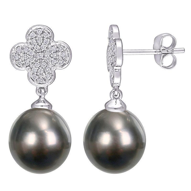 Stella Grace 10k White Gold Tahitian Cultured Pearl & Diamond Flower Drop Earrings, Womens, 10k Gold Product Image