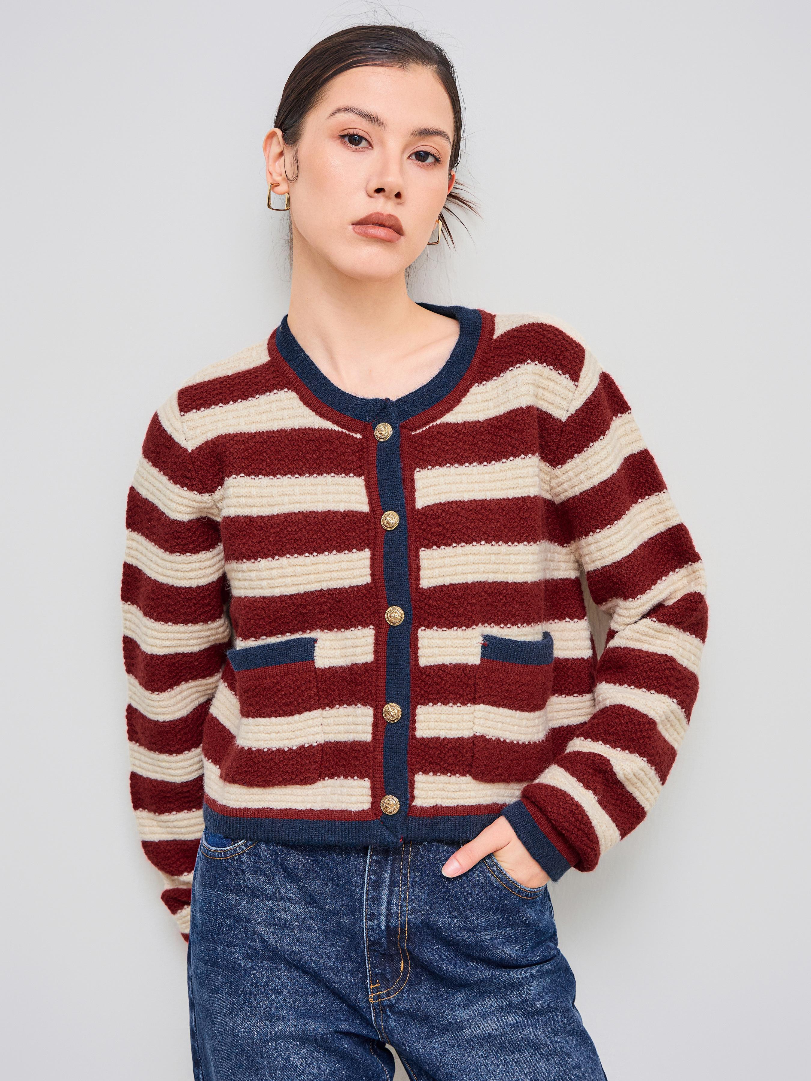 Knitted Round Neckline Striped Contrasting Binding Pocket Cardigan Product Image