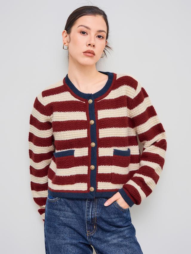 Knitted Round Neckline Striped Contrasting Binding Pocket Cardigan Product Image