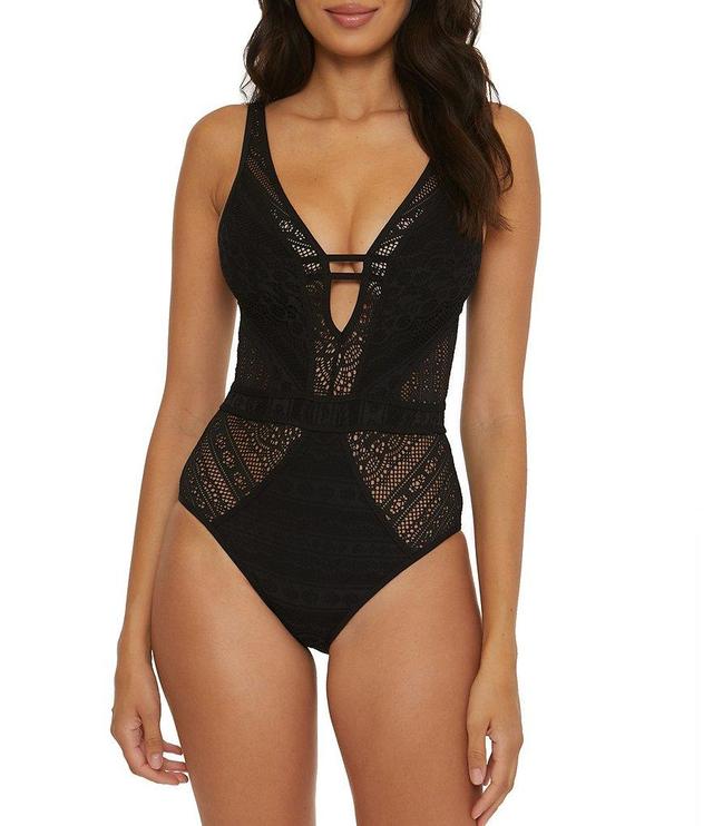 Becca by Rebecca Virtue Color Play Plunge V-Neck Crochet One Piece Swimsuit Product Image