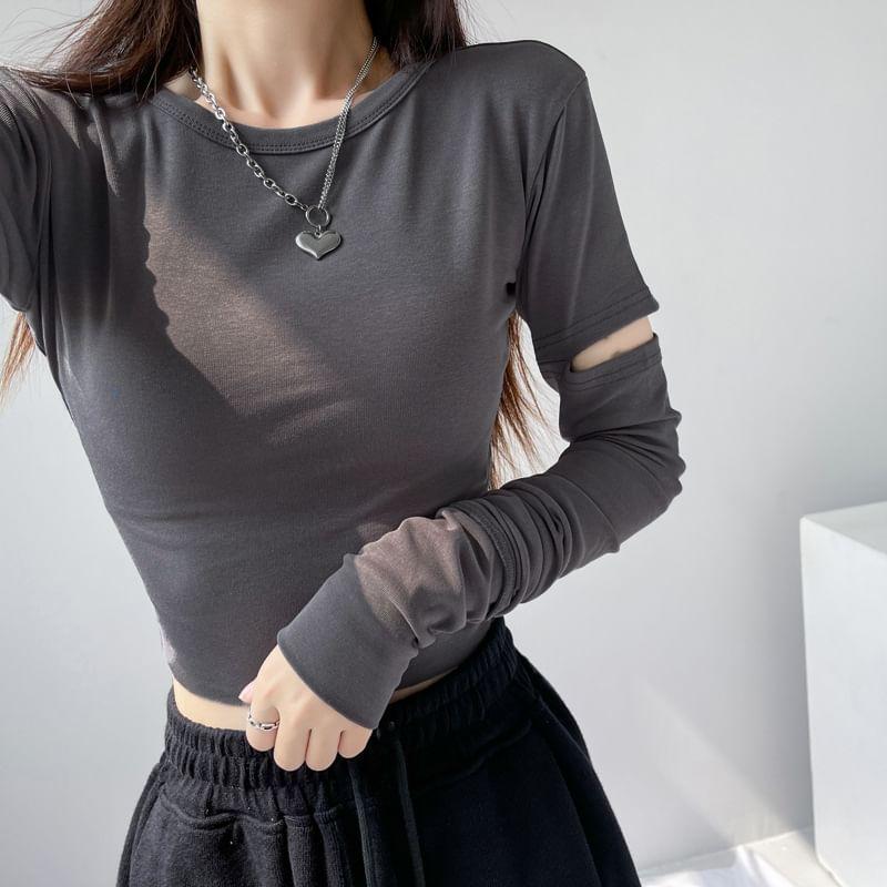 Long-Sleeve Crew Neck Plain Cutout Crop T-Shirt Product Image